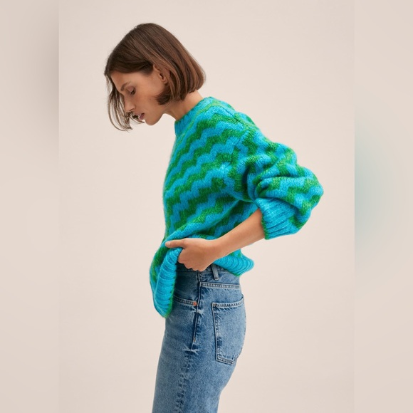 Mango Sweaters - Mango MNG • bright blue green oversized striped knit sweater